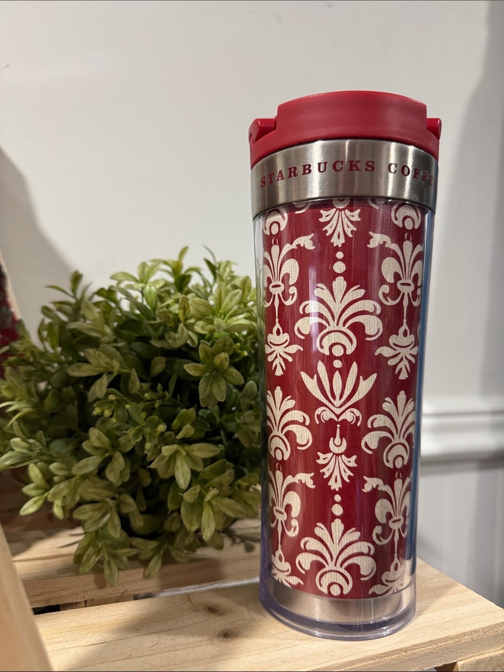 Starbucks Red and Cream Decorative Travel Tumbler 2009